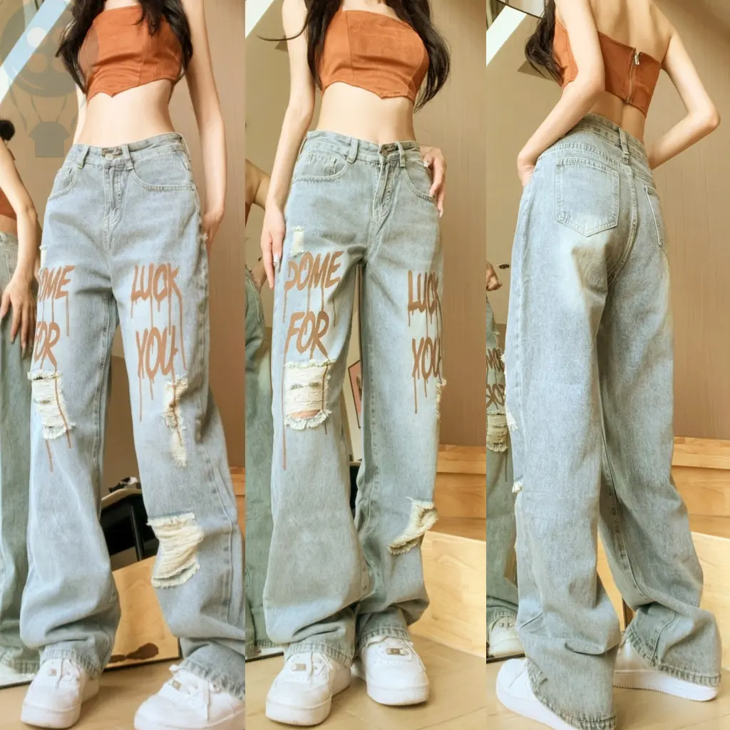 Jeans Pinggang Tinggi Spice Girls celana robek motif huruf vintage Celana Denim Kasual Longgar Biru Kaki Muda Panjang Standar Pendek Wanita Retro Waist High