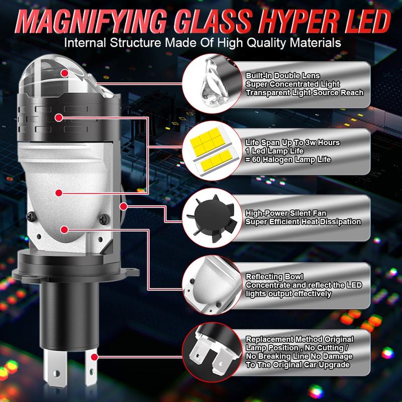 Product Introduction of 2PCS H4 Led Projector Mini Lens Bi Led Lens 400000LM Headlight Bulbs 1:1 Plug Play 9002 HB2 H4 Led Projectot Lens Fog Lights 27