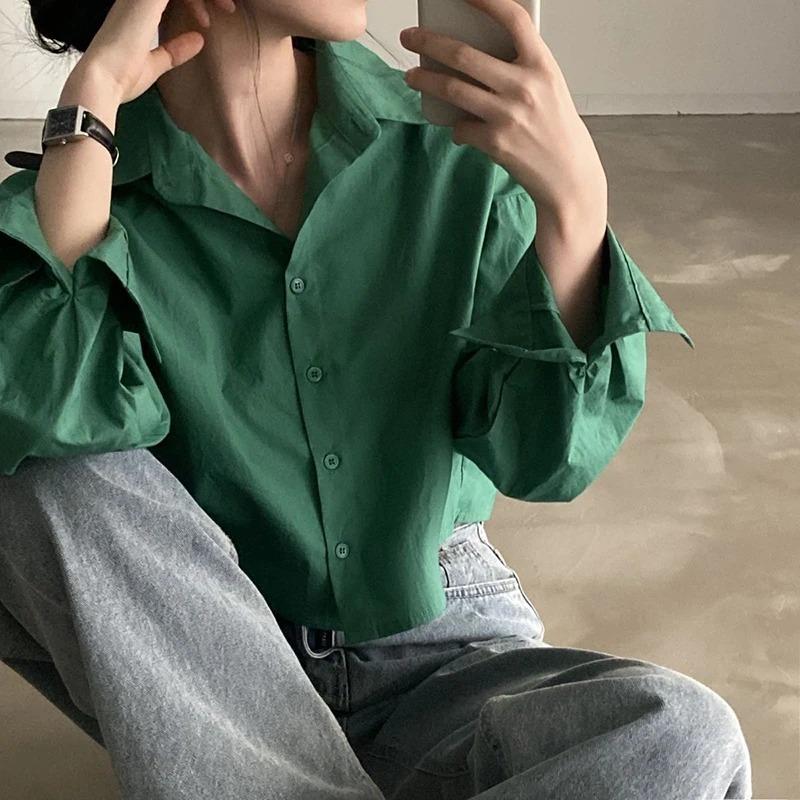 Product Introduction of Fashion Short Shirts Women Korean Chic Loose Solid Color Long Sleeve Crop Tops Female Casual Elegant Button Split Turn Down Collar Blouse 11