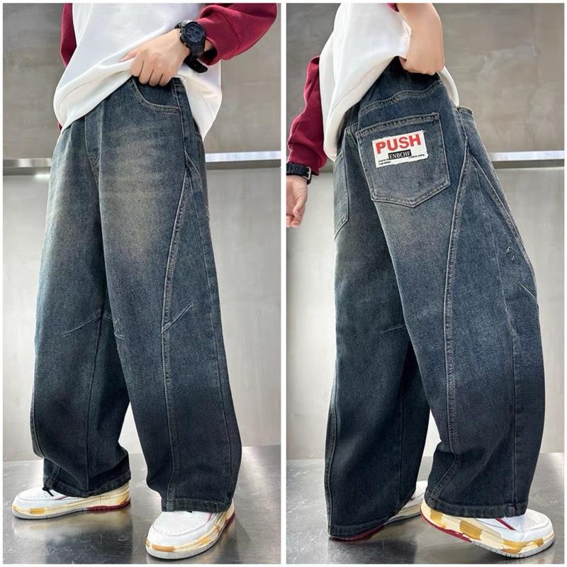 Quần Jean Hoạ Tiết S19 + PUSH + AB ĐEN Sau Túi Dáng Xuông Đứng Dài Cho Bé Trai - Cạp Chun- Chất jean đứng fom - Sản Xuất Tại Việt Nam ( Khách lưu ý mẫu là dáng xuông, không phải baggy ôm ống ) quần dsq  trẻ em quần  thụng suông