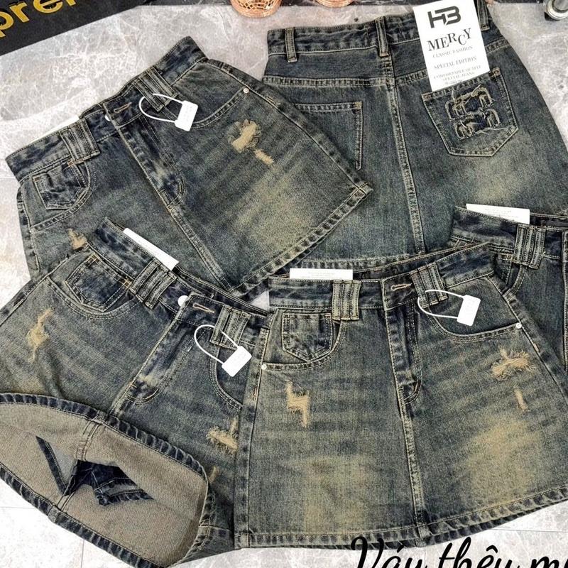 CHÂN VÁY JEAN NGẮN THÊU TÚI MIN,CO LÓT QUAN,JEAN KHÔNG DÃN