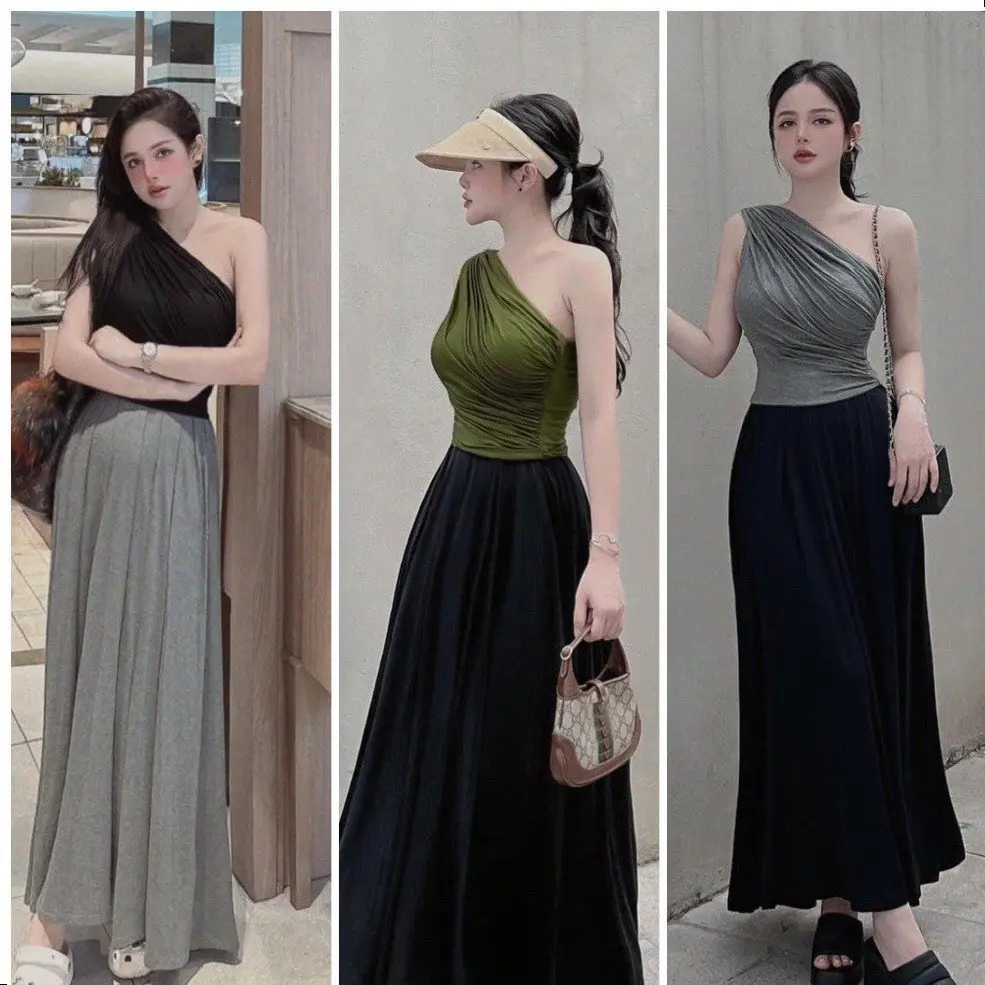 Set bộ áo lệch vai có mút kèm chân váy dài chất thun dẻo co giãn MBB100