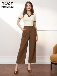 YOZY Women's Colorblock Tee & Solid Color Pants Two-piece Set with Belt, Casual Short Sleeve Collared Top & Pocket Trousers for Spring & Fall, Ladies Clothes for Daily Wear