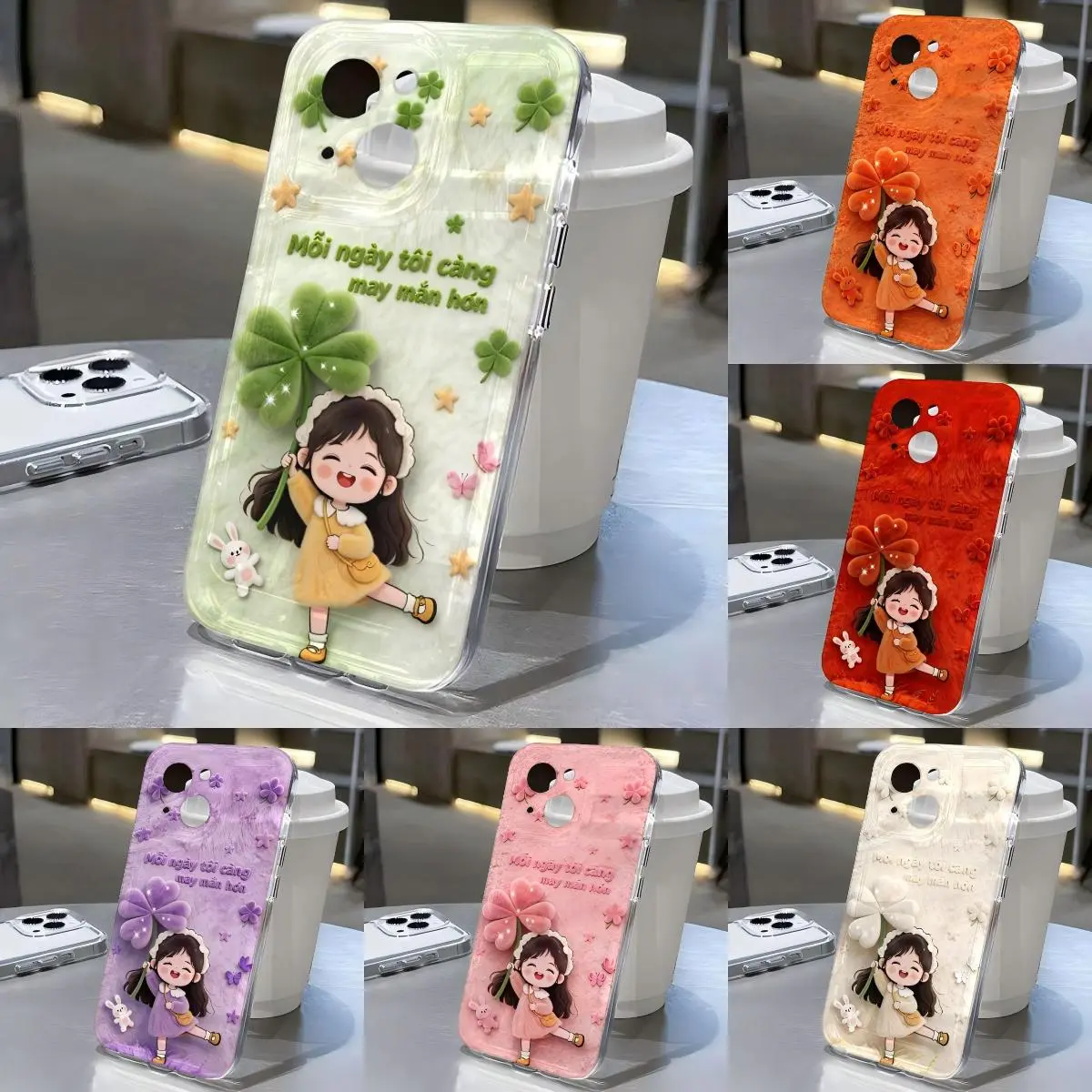 For iPhone Ốp điện thoại nữ thời trang và sành điệu với bề mặt mờ, điểm nhấn là họa tiết cỏ bốn lá dễ thương, được thiết kế chống rơi vỡ và chống trầy xước Không phải ốp điện thoại 3D