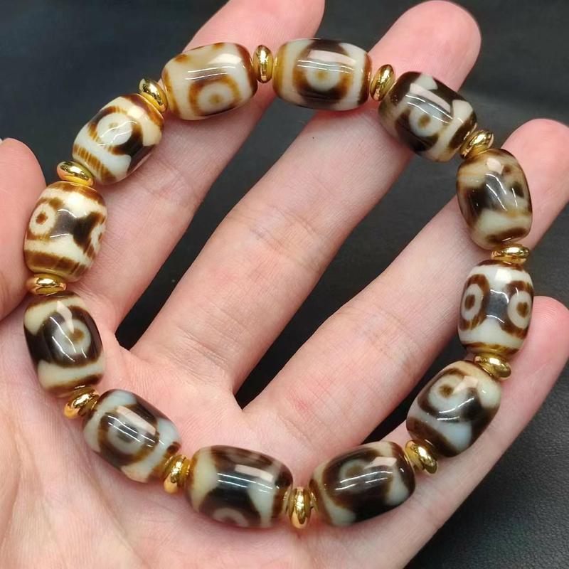Product Introduction of Natural Gemstone Tiger Tooth Pattern Panda Mandala Three-Eyed Agate Dzi Bead Multi-Treasure Bracelet Tooth Yellow White Core Barrel Bead Unisex Ethnic Style 2