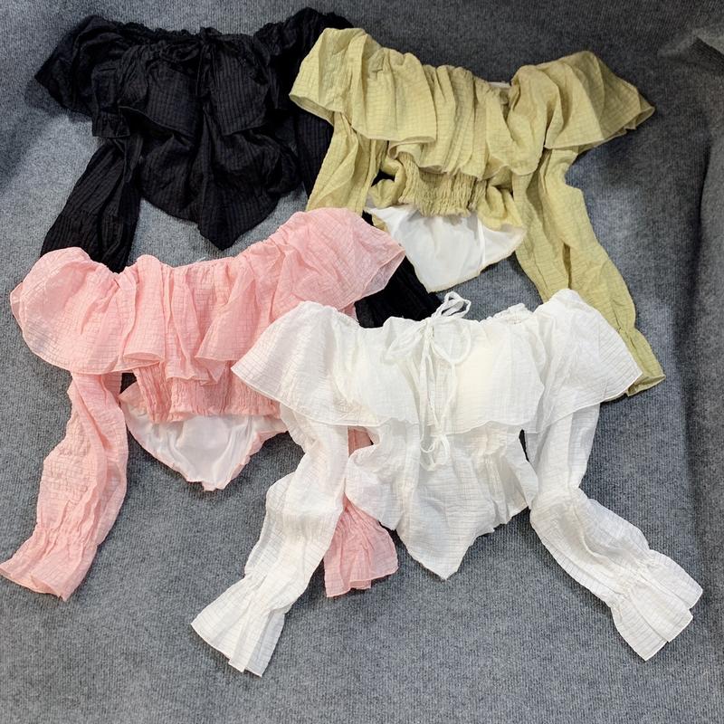 Áo kiểu Top Nữ trễ vai tay dài loe cột nơ chất lụa tơ mềm hai lớp có lót mút Trắng Women Voi