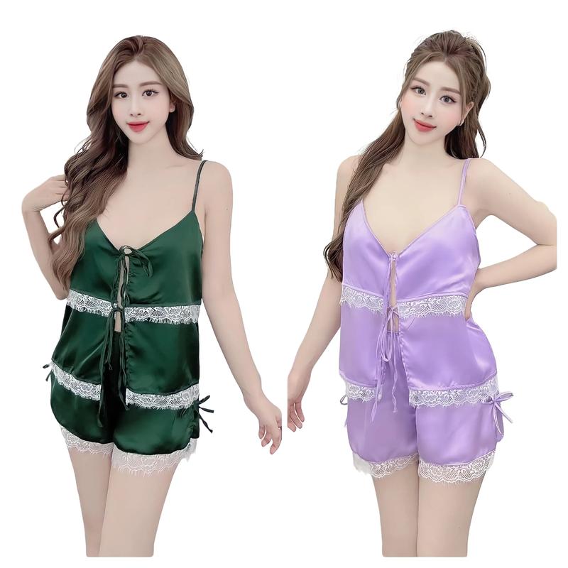 Đồ bộ ngủ áo hai dây cột nơ quần đùi dành cho nữ họa tiết trơn chất liệu lụa satin mềm mịn Women