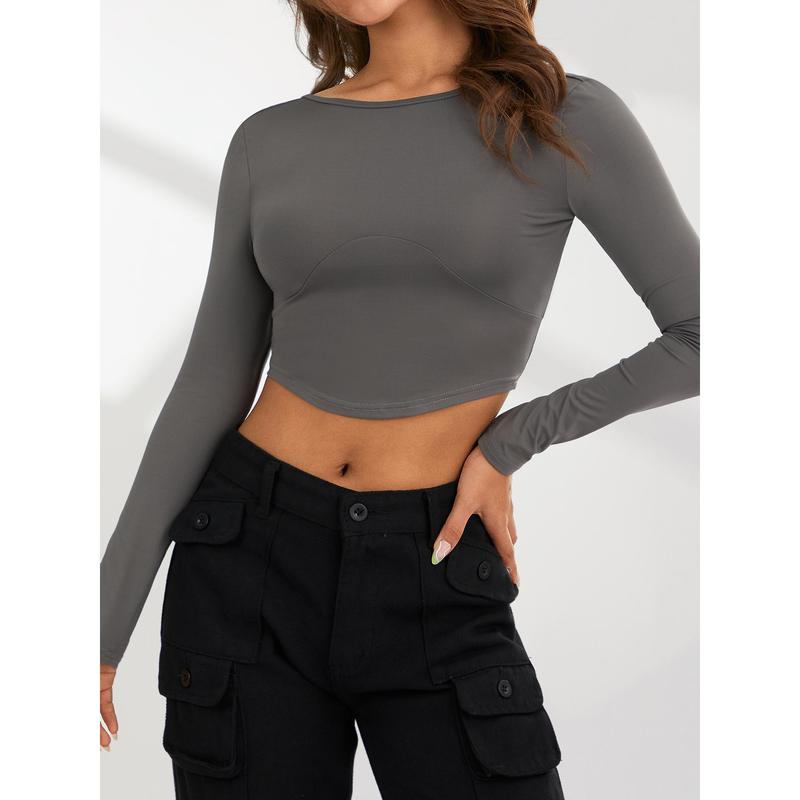 Women´s Long Sleeve Cropped Tops, Solid Color Round Neck Backless Show Navel T-shirt for Spring Summer 3