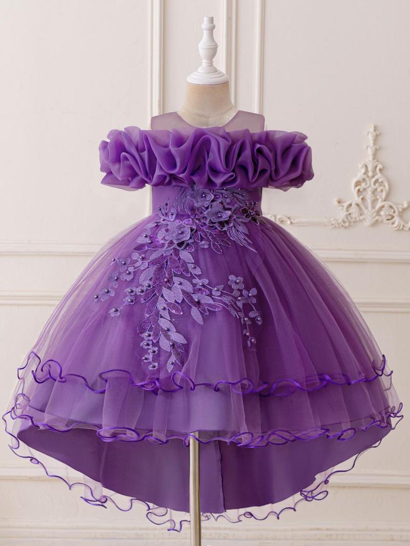 Product Introduction of Flower Girl Embroidery Sequin Decor Tulle Formal Dress, Elegant A-Line Dress for Party Wedding Guest, Kids Clothes for All Seasons 4