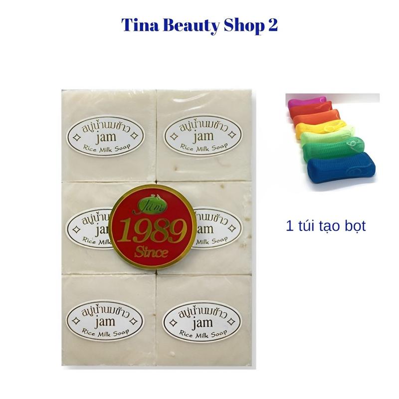 Lố 12 Bánh+Túi Lưới Xà Phòng Cám Gạo Jam Thái Lan và 1 túi lưới đựng xà phòng