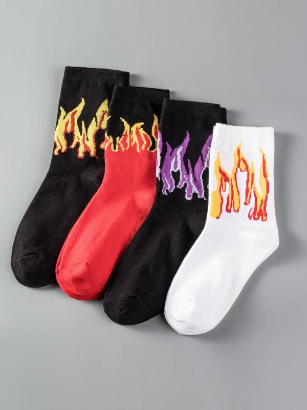 Men's 4 Pairs Flame Print Crew Socks, Fashion Casual Street Comfy Socks for Daily Outdoor Wear, Men Socks for All Seasons 0
