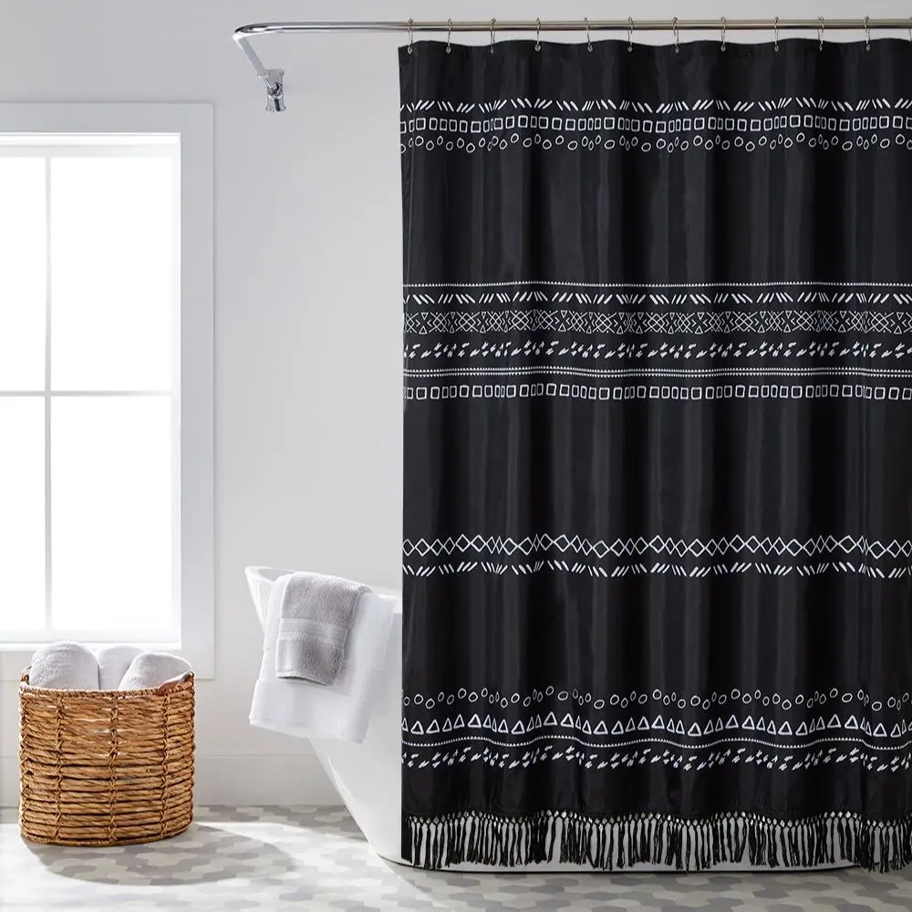 Boho Style Geometric Print Shower Curtain with Tassel, 1 Count Waterproof Shower Curtain with Hooks, Bathroom Supplies for Home Use