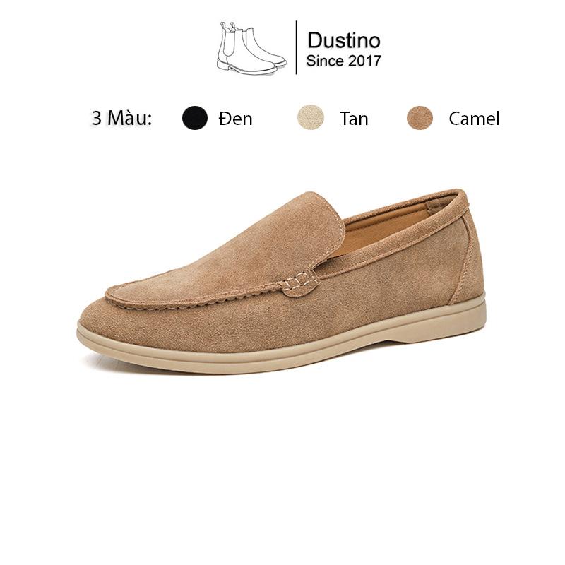 Shallow Slip On Da Lộn Đế Bệt, Giày Lười Nam Đế Bệt Da Thật Nâu Be Dustino