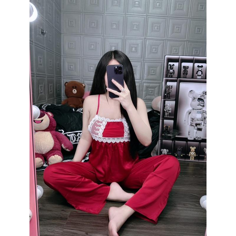  Bộ bộ 2 dây sexy ren hoa lụa latin mát mẻ siêu xinh Nữ Áo Ngủ Nữ Áo Ngủ Kem Women Nhung Quần Ngủ 