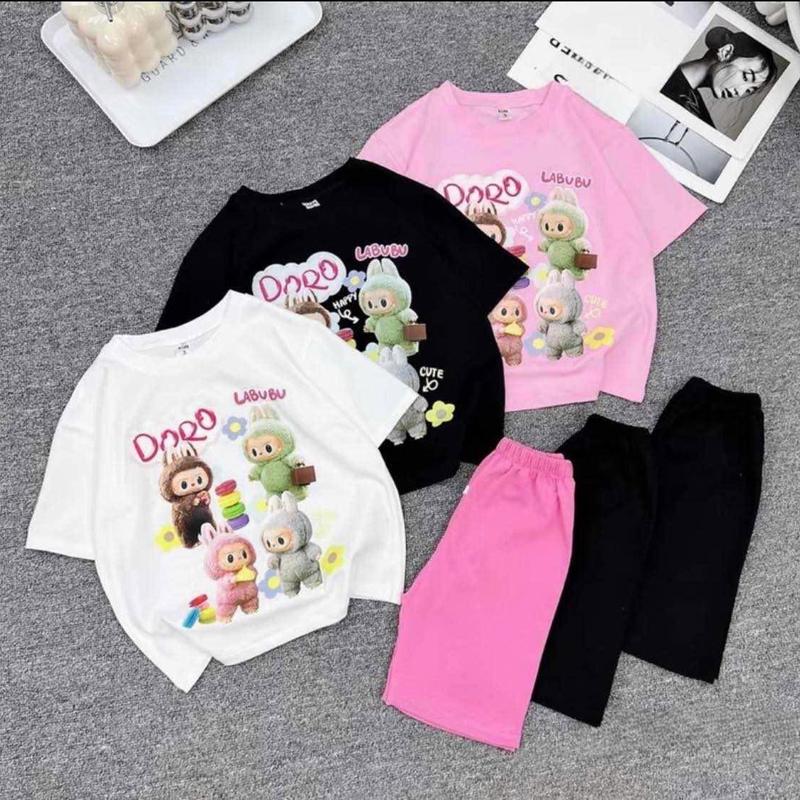 Bộ quần áo cộc tay labubu cho bé gái từ 14- 45kg chất vải mềm mịn, đường may kĩ. Set đồ mùa hè cho bé gái in hình labubu dễ thương từ 4 - 14 tuổi