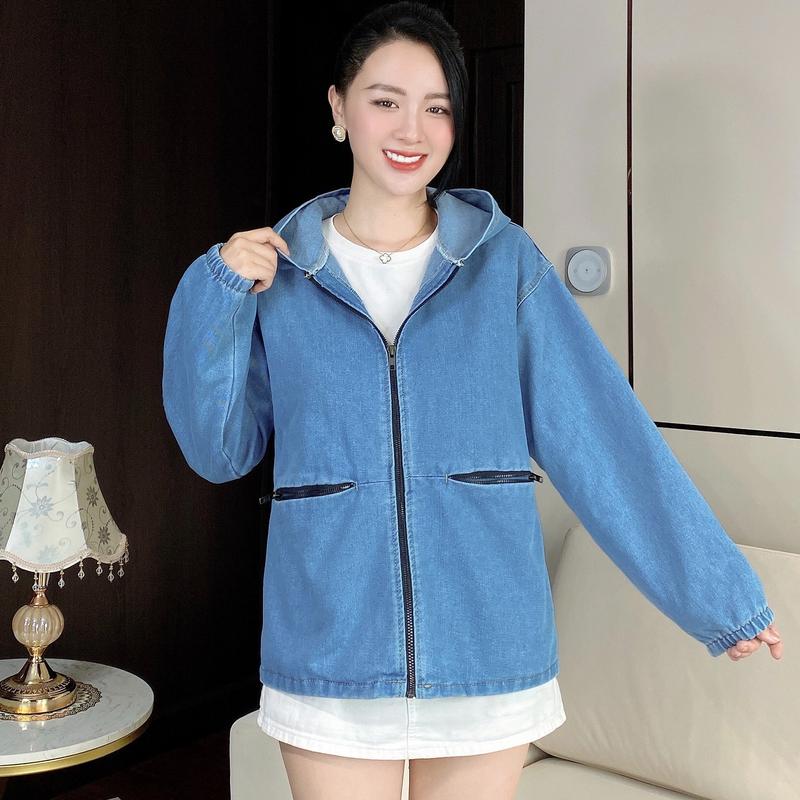 ÁO KHOÁC JEAN DÂY KÉO CÓ NÓN +4 TÚI DÂY KÉO (CÓ TÚI TRONG) Top Jacket Nữ Women Kem Cotton Kem Cotton Kem Cotton