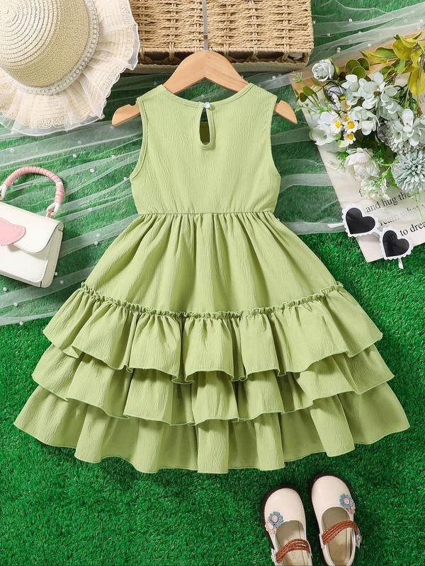 Girl's Solid Bow Decor Ruffle Trim Dress, Cute Casual Sleeveless A Line Dress for Summer, Kids Clothes for Daily Wear 5