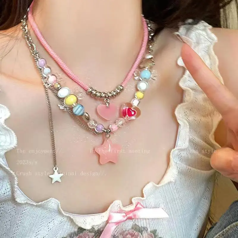 Vòng Cổ Dopamine Đính Cườm, Nhiều Màu Sắc, Dành Cho Phụ Nữ Và Trẻ Em Gái Ngọt Ngào Mặt Dây Chuyền Tình Yêu Ngôi Sao Màu Hồng, Phong Cách Y2K, Dây Chuyền Xương Đòn