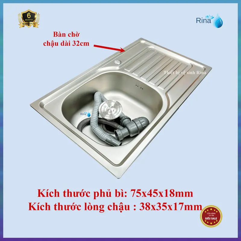 Bồn Rửa Chén Bát Inox 1 Hộc 1 Cánh Rina C08 KT 75x45cm Chậu Rửa Chén Inox 1 hố Kèm Vòi Rửa Chén Lạnh và Bộ Xả Chống Hôi 0