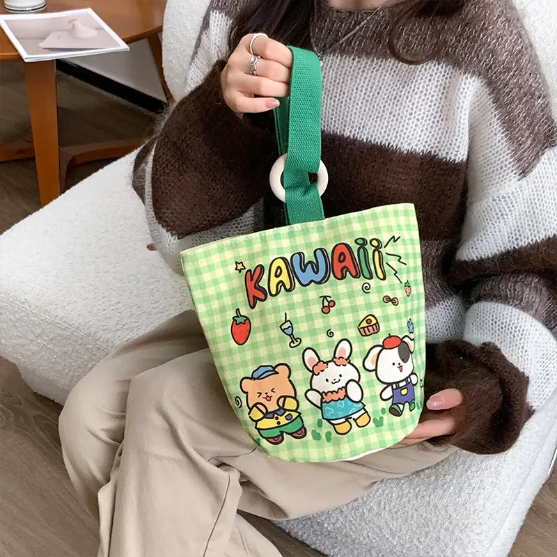 Canvas Bag Female 2024 New Cartoon Cute Handbag Student Commuting Lunch Box Bag Hands Cloth Suitcase One Piece