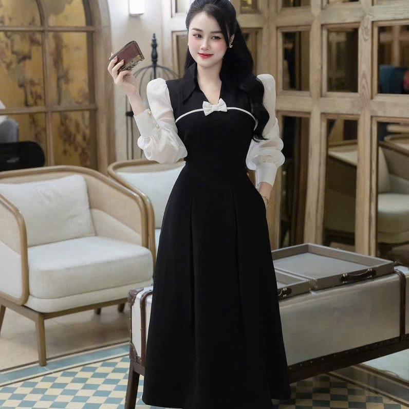  Váy thiết kế V631 tay phối tơ dáng xoè dài dành cho nữ đi làm đi chơi đi tiệc. 