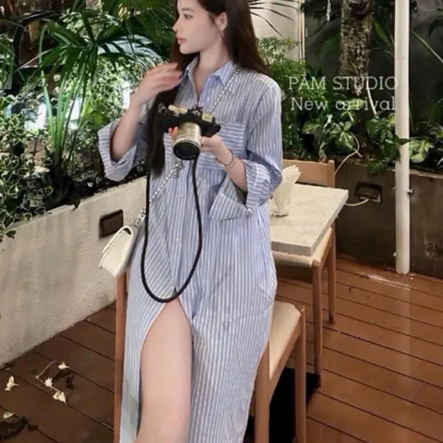 Váy sơ mi kẻ xanh dáng dài xuông phôm rộng thiết kế 2 túi sọc ngang siu xinh ( siêu rộng)