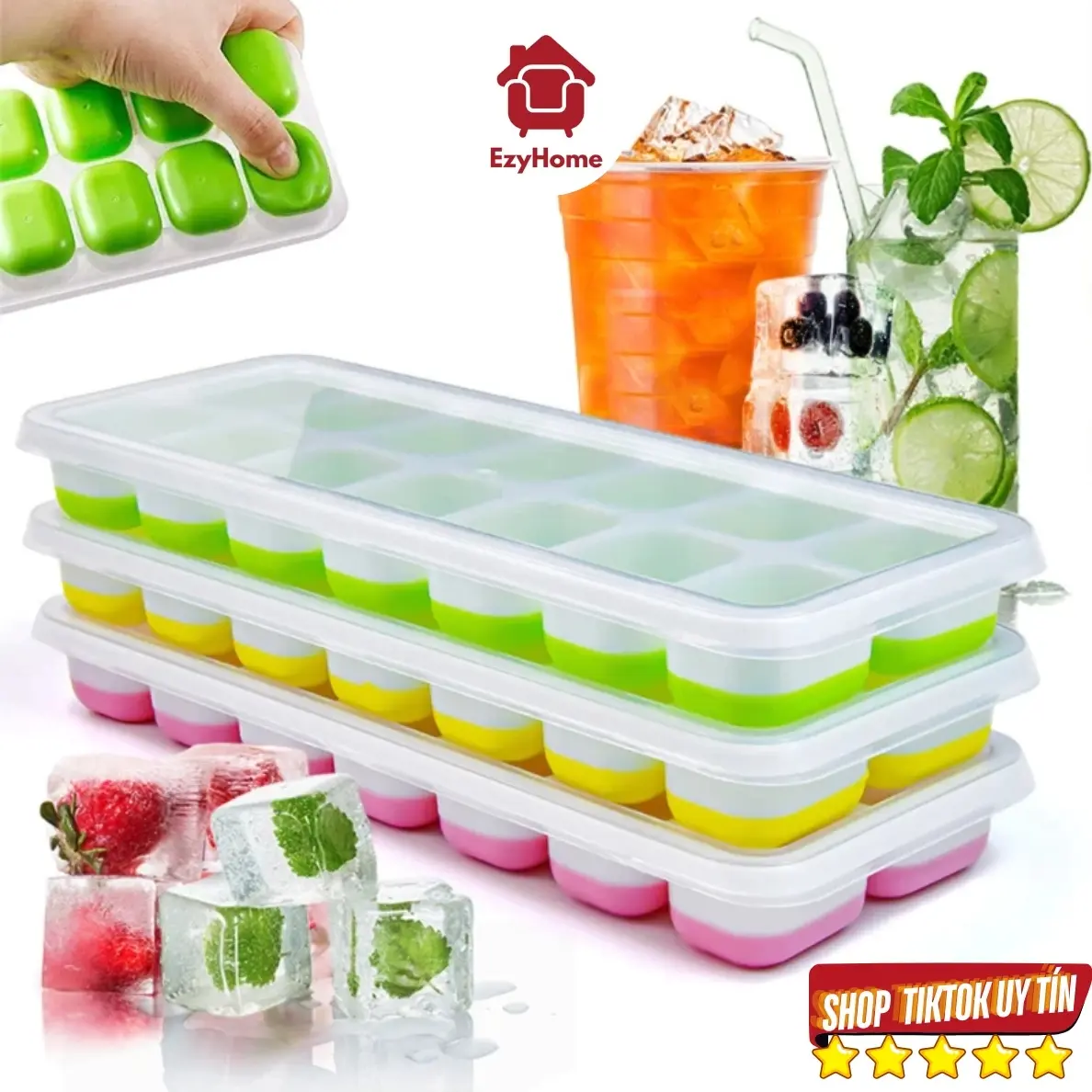 Combo 5 Khay Làm Đá Silicon 14 Ô – Có Nắp Đậy, Dẻo Dai, Dễ Lấy Đá, Có Nắp Đậy Tránh Mùi, Tránh Khuẩn