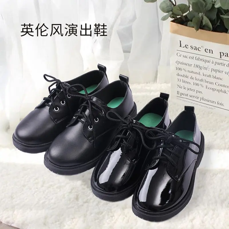Boys' Leather Shoes Genuine Leather Soft Bottom Middle and Big Boys Spring and Autumn Black British Style Campus Student Piano Performance Shoes