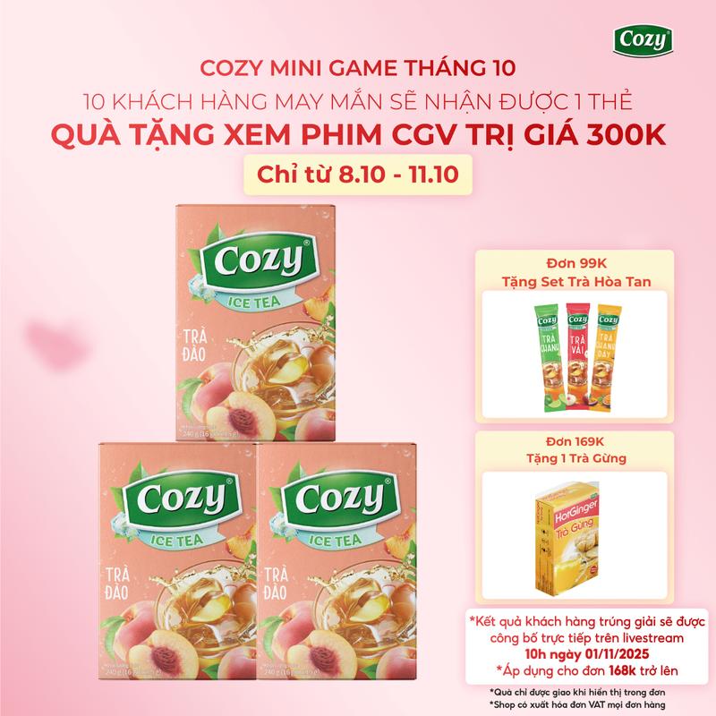 [DEAL ĐỘC QUYỀN] Combo 3 Trà Hoa Quả Trà Đen  Hòa Tan Cozy Tea Vị Vải, Đào, Chanh Thơm, Ngon Dễ Uống Nước Trà Thơm, Chè Sạch Tươi Nguyên Chất (Hộp 16 Gói)