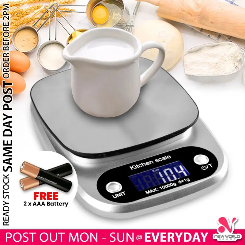( 1g - 10kg ) FREE Battery Stainless Steel Electronic Digital LCD Screen Kitchen Weight Scale