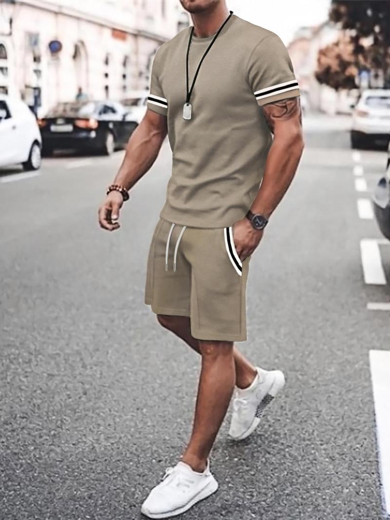 Product Introduction of Classy Two Piece Sets Men's Contrast Binding Tee & Drawstring Waist Shorts Set, Casual Short Sleeve Round Neck T-shirt & Pocket Track Shorts, Autumn Outfits, Menswear, Posh Men's Clothes, College Outfits UK, Balkan School Outfits, Outfit Sets for Men 6