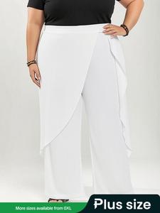【Plus Size】 Solid Wrap Elastic Waist Wide Leg Pants, Casual High Waist Trousers for Holiday Vacation, Women's Bottoms for Summer