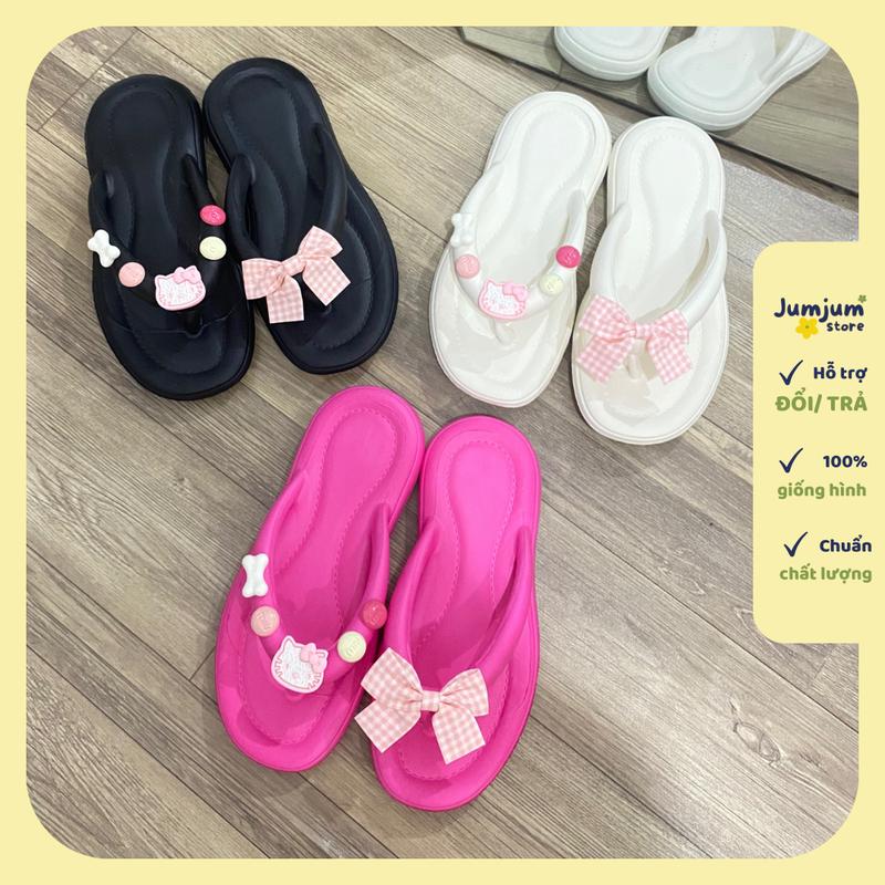 Dép xỏ ngón nữ đính nơ charm Kitty phiên bản mới dễ thương đế dày kháng nước siêu êm đúc dày 1.5 (cm)