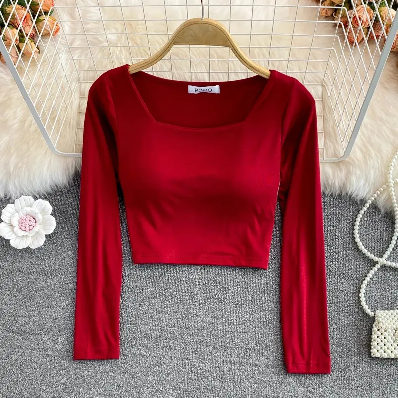 Square Collar T-Shirts Women 2023 Autumn Korean Style Solid Color Slim Fit Short Tops Long Sleeve Women's Blouses Womenswear Stocking Lingerie Lady Comfort Basic Minimalist