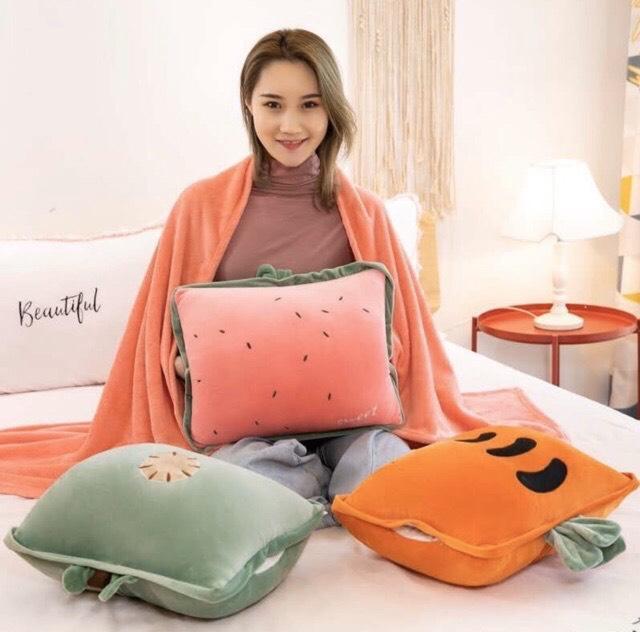  Bộ Chăn Gối Văn Phòng Hoa Quả Vuông  + chăn lông tuyết 1,6m x 1,1m + mềm mại 