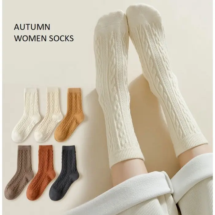 (KK10) Kaos Kaki Wanita Solid Color Twist Lolita (Women Socks) Brown Casual Katun Panjang Spandex