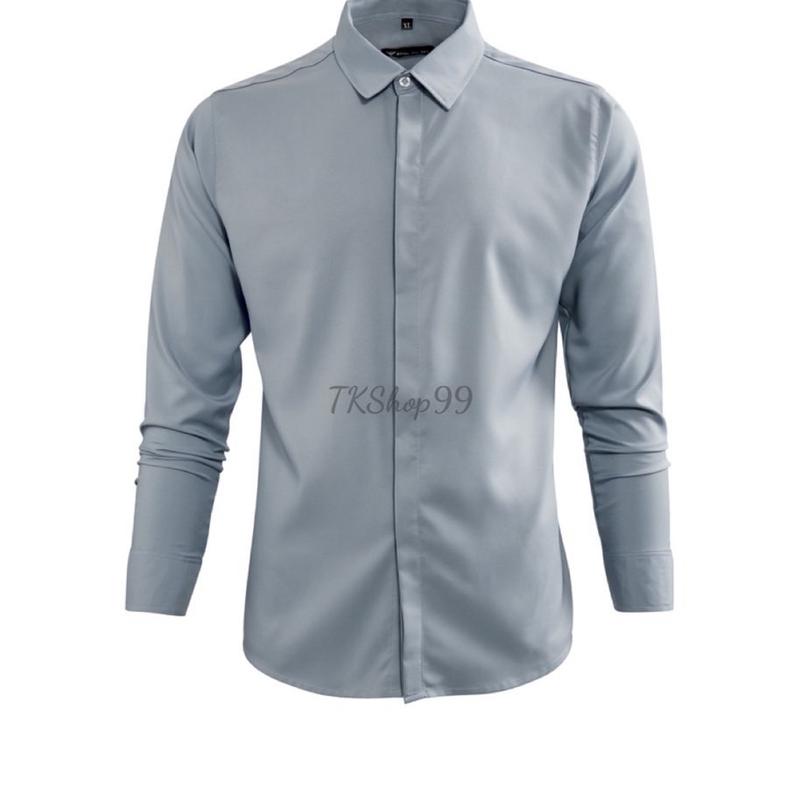 Áo Sơ Mi Nam Trắng Đen Trơn Màu Lụa Dài Tay Nẹp Cúc Chống Nhăn Menswear Nam Có Cổ Trơn Đen Cổ Tròn 7