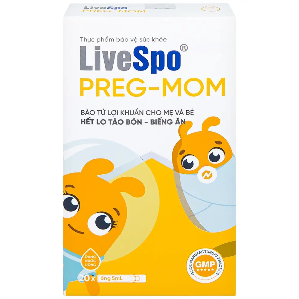 Men vi sinh cho Bé Táo Bón, Biếng Ăn, Rối Loạn Tiêu Hóa - LiveSpo PREGMOM 3 tỷ bào tử lợi khuẩn - Hộp 20 ống x 5ml