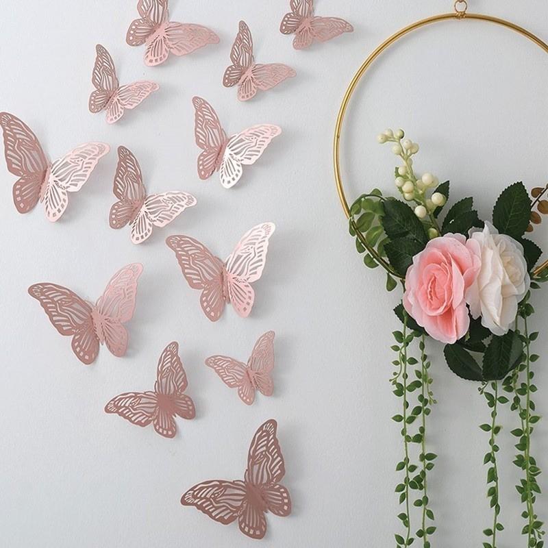 Vinnatsu 12pcs Stiker Dinding Desain Kupu-Kupu  3D Untuk Dekorasi Pesta Pernikahan Butterfly/ Topper cake Akrilik Bronzing Sisipan topper