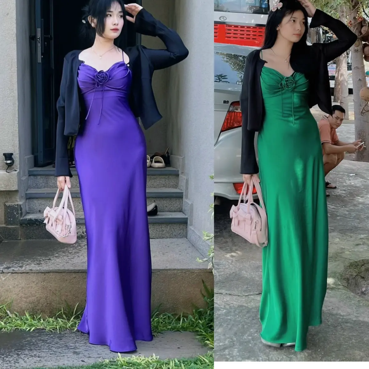 Đầm Lụa Hàn Châu Hoa Hồng 2 Lớp Form Dài