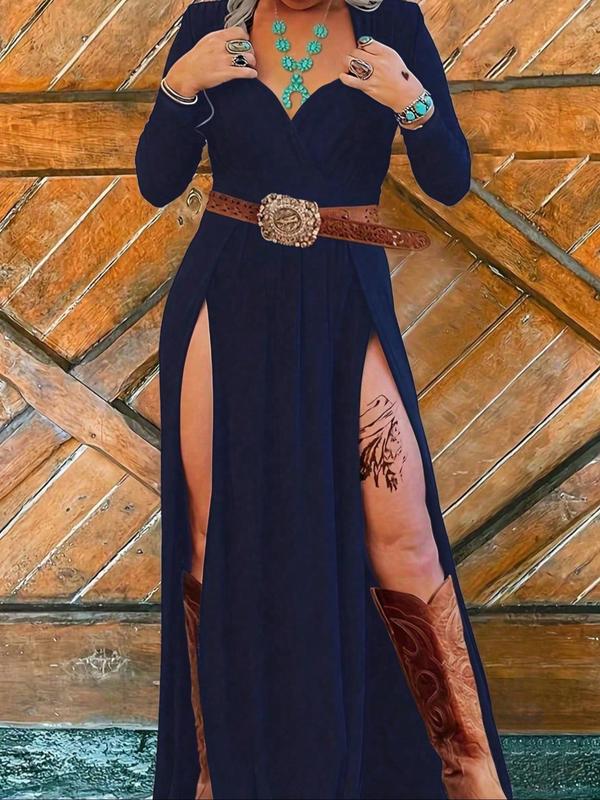 Women's Plain Split Thigh Dress without Belt, Boho V Neck Long Sleeve Dress for Beach Holiday Vacation, Ladies Clothes for All Seasons 0