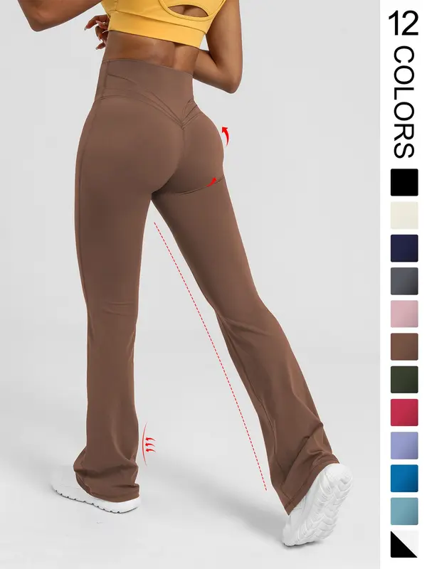 Women's Basic Plain High Waist Slim Flare Leg Yoga Pants, Solid Bell Bottom Sports Trousers for Workout Gym Fitness, Women's Joggers 7