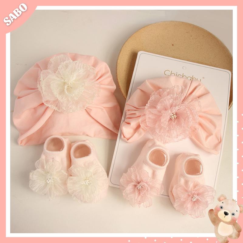 Set Mũ Turban Kèm Tất Vớ Cổ Ngắn Hình Hoa Ren Công Chúa Cho Bé Gái 0-12m