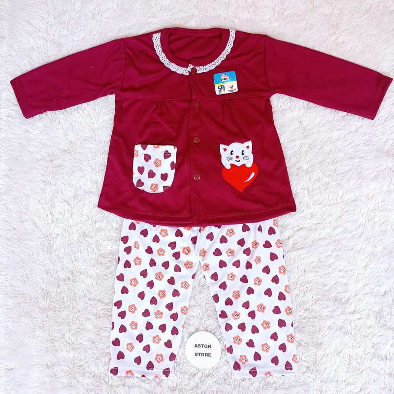 Setelan Baju Tidur Piyama Bayi Perempuan Lengan Panjang Kancing Depan Katun 6-12 Bulan Motif Lucu Cat Love 1