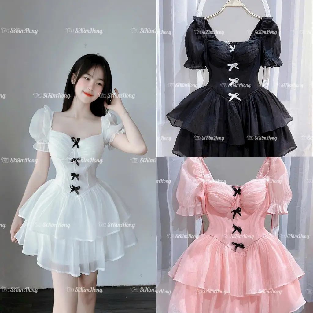 Đầm nữ tay ngắn phồng kết nơ (có cúp) dáng xoè ngắn mini 2 tầng chất tơ nến cho nàng dịu dàng, nữ tính váy xốp ♯ hồng độc đáo vaytet váyngan