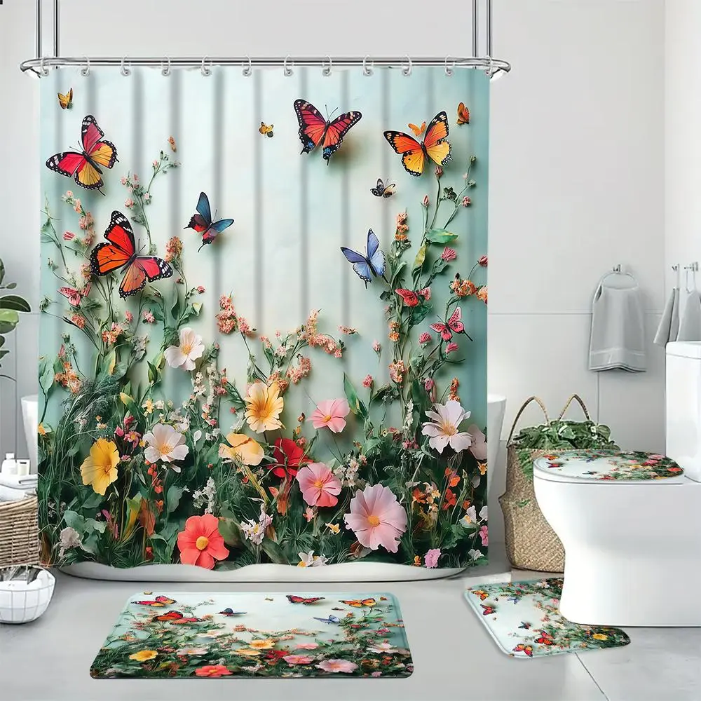 Butterfly & Flower Pattern Bathroom Decorations, 4 Counts/set Including Shower Curtain & Toilet U-shape Mat & Toilet Lid Cover & Rectangular Mat, Bathroom Accessories