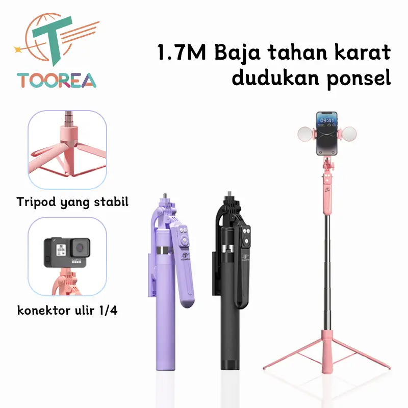 TOOREA B16 170cm Selfie Stick Tripod Tongsis HP Kamera DSLR Tongsis HP Holder Dengan 7 Tombol Remote Control Bluetooth Tongkat Selfie Portable Lampu LED