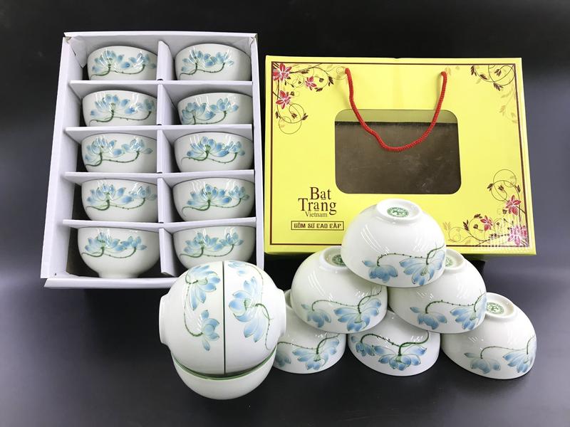  Set Bát Ăn Cơm Bát Tràng - Hoa Tiết Hoa Sen Xanh Hàng Kỹ Vẽ Tay Cao Cấp 