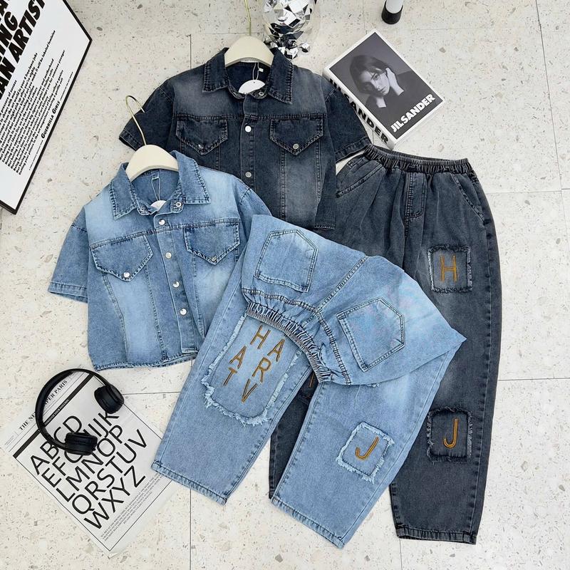 Product Introduction of Sét Jeans Áo Cổ Đức Tay Cộc Khuy Bấm , Quần Baggy Dài Thêu Cạp Chun Cho Nữ, Thêu Chữ Khung Bò Giả Chất JEANS Mền  Có Túi Có Cổ GOBY OFFICIAL SBD09 4