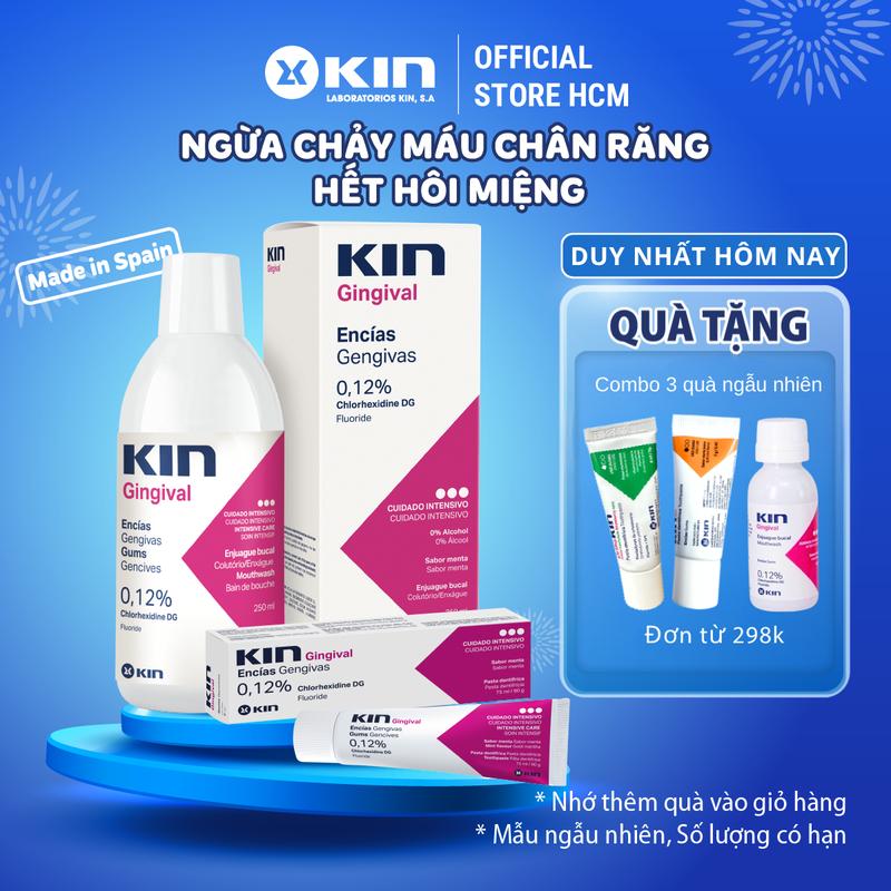 KIN Combo Nước Súc Miệng & Kem Đánh Răng Kin Gingival 0.12% Chlorhexidine 250ml/75ml Dành Cho Viêm Nướu Hôi Miệng Chảy Máu Chân Răng Sâu Răng Made in Spain